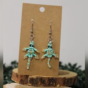 Handmade Beaded Lizard Earrings in Turquoise and Yellow -Hypoallergenic
